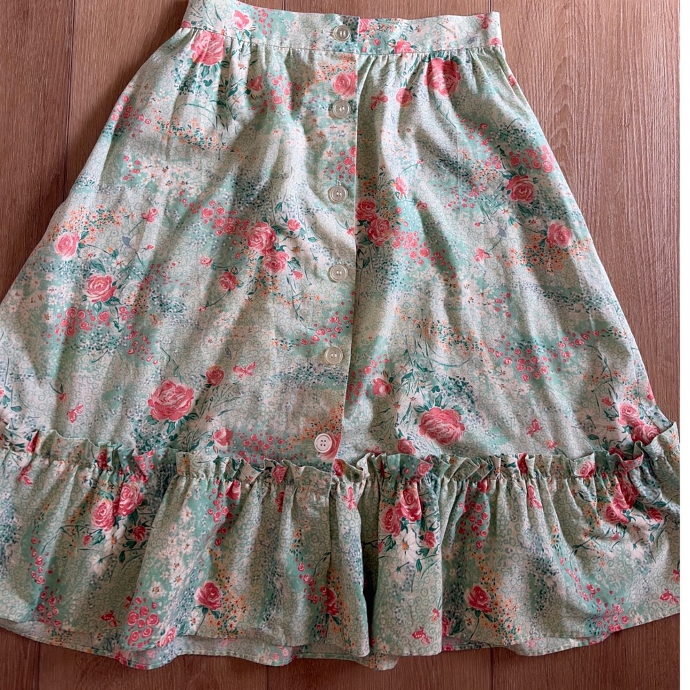 Vintage JCPenney Fashions Floral Button Front Ruffle Midi Skirt XS  size 26